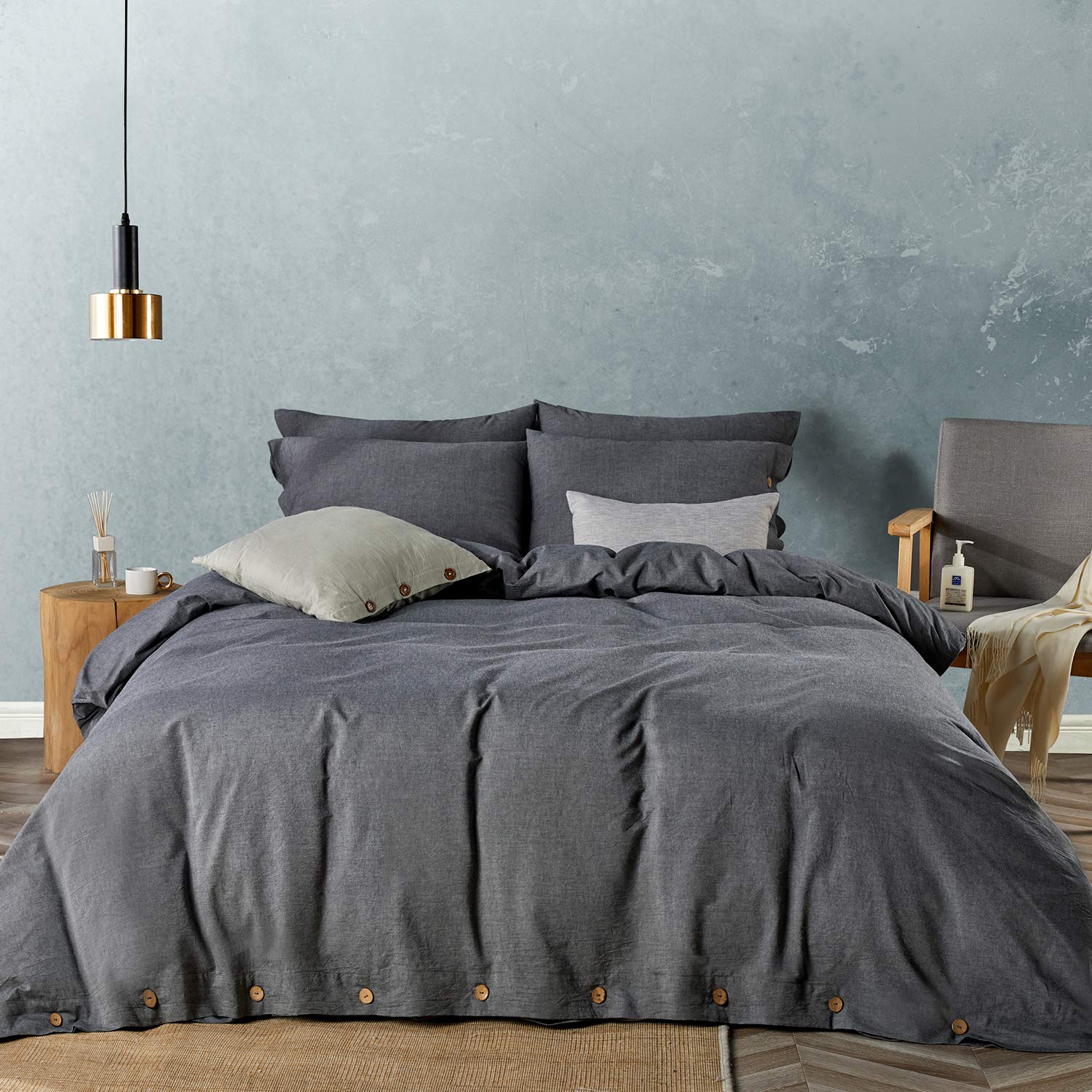 Jellymoni Black 100% Washed Cotton Duvet Cover Set, 3 Pieces Luxury Soft Bedding Set With Buttons Closure. Solid Color Pattern D